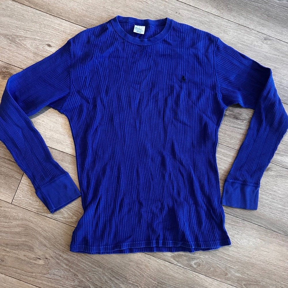 Polo Ralph Lauren Mens Blue Waffle Knit Thermal Long Sleeve Shirt Medium